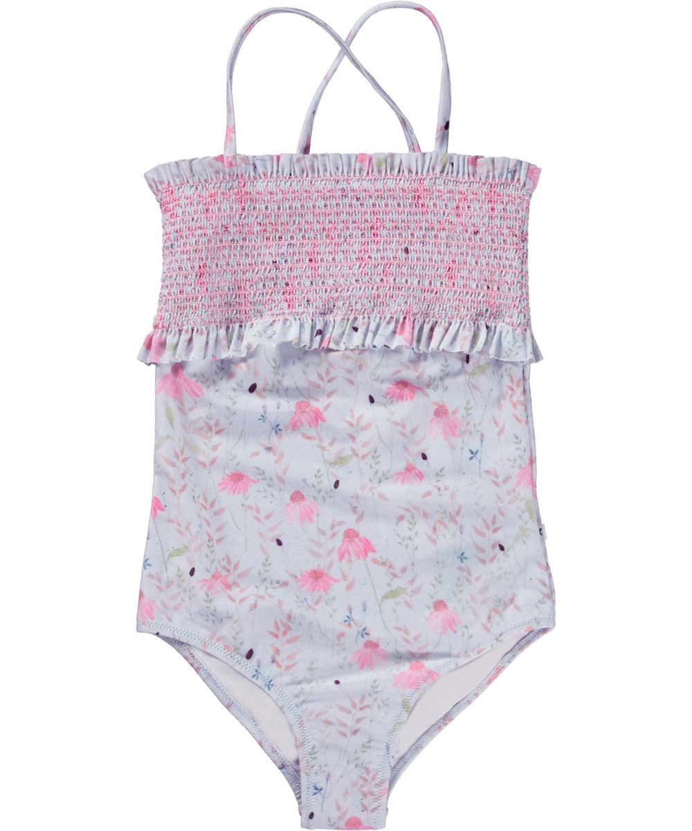 Nairobi - Meadow Sketch - Hellblauer Badeanzug mit gesmoktem und durchgehendem Blumendruck