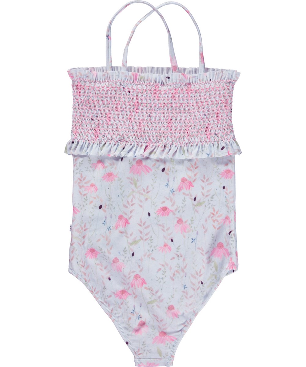 Nairobi - Meadow Sketch - Hellblauer Badeanzug mit gesmoktem und durchgehendem Blumendruck