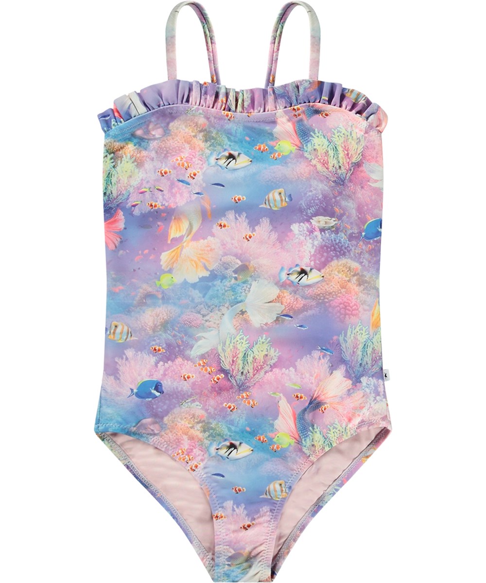 Nakia - Mermaid Land - Pastellfarbener Badeanzug für aktive Kinder aus recyceltem Polyester mit UV-Schutz 50+.