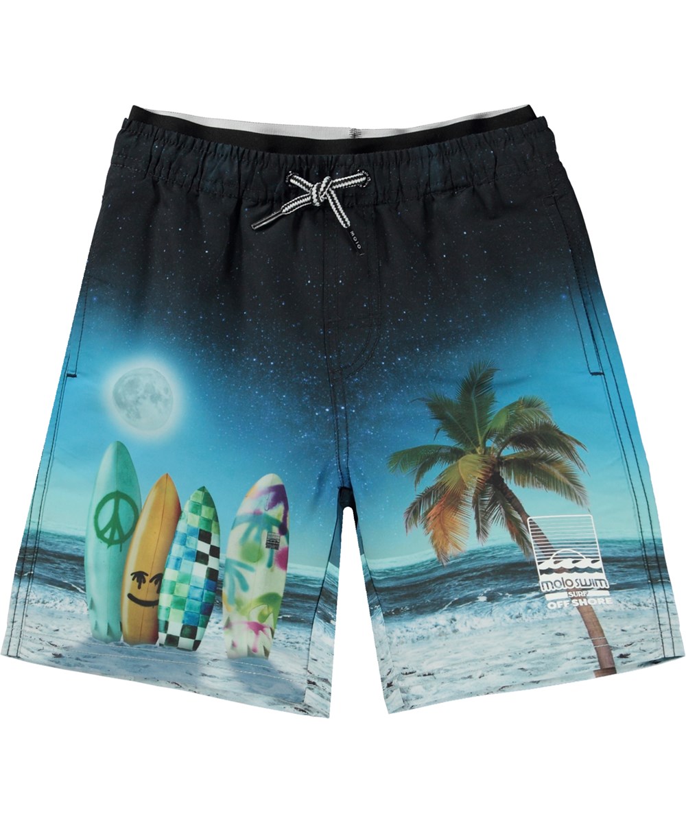 Neal - Sunset Surfer - Blaue Badeshorts mit extra Länge und Placement-Surfbrett-Print
