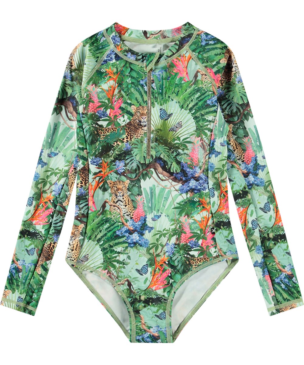 Necky - Green Tropical - Langärmeliger grüner Badeanzug für aktive Kinder aus recyceltem Polyester mit UV-Schutz 50+.