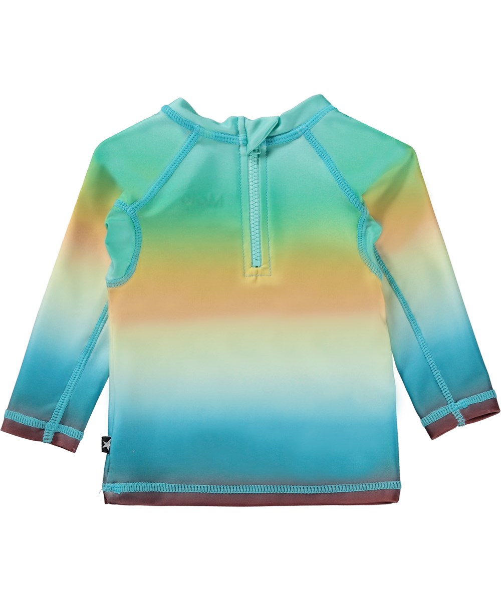 Nemo - Palm Spray Face - Türkis- und orangefarbenes Baby-Badeshirt mit Placement-Palmspray-Print