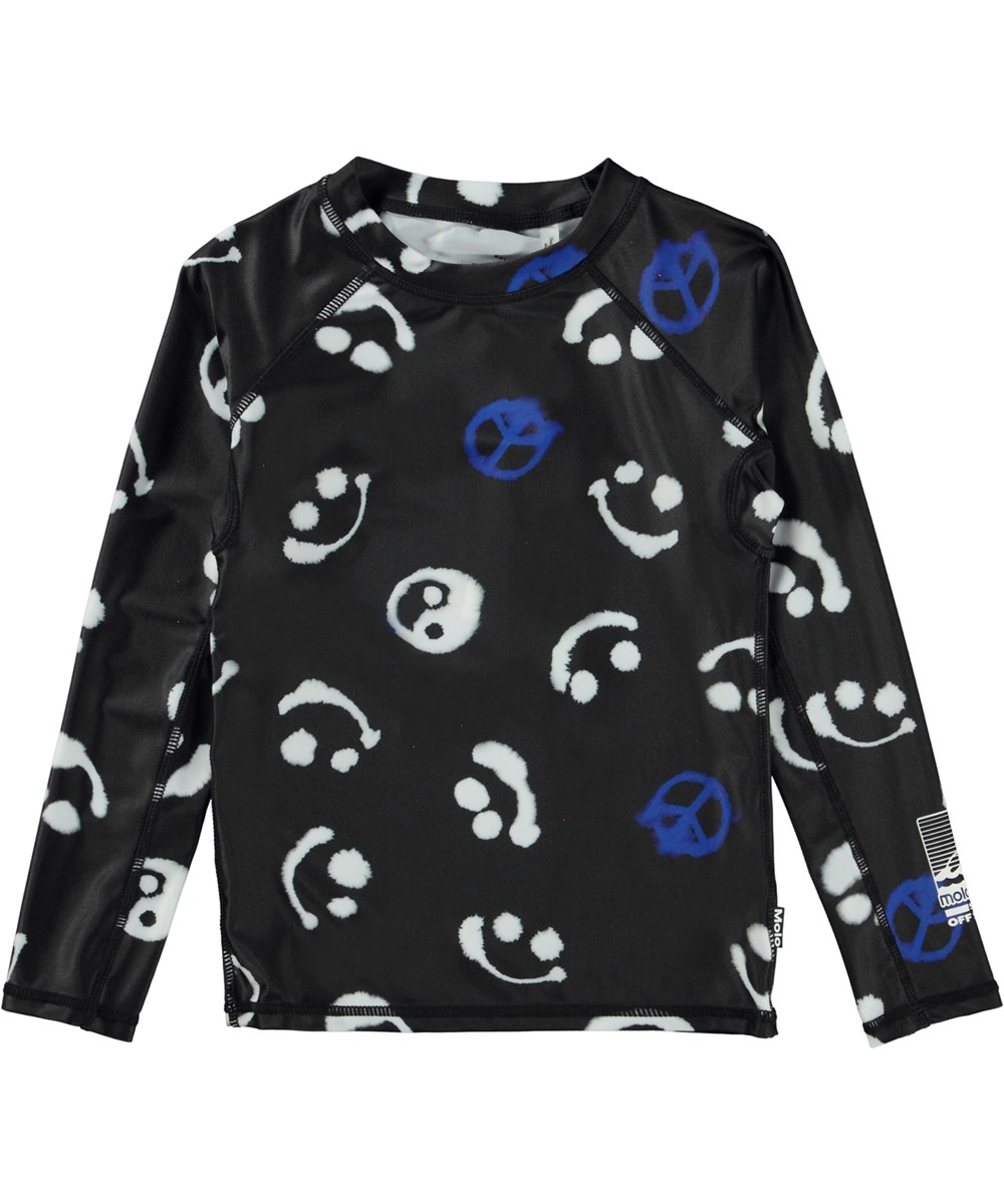 Neptune LS - Blue Signs - Schwarzes Langarm-Badeshirt mit blauem Aufdruck aus Emojis, Peace-Zeichen sowie Yin- und Yang-Symbolen