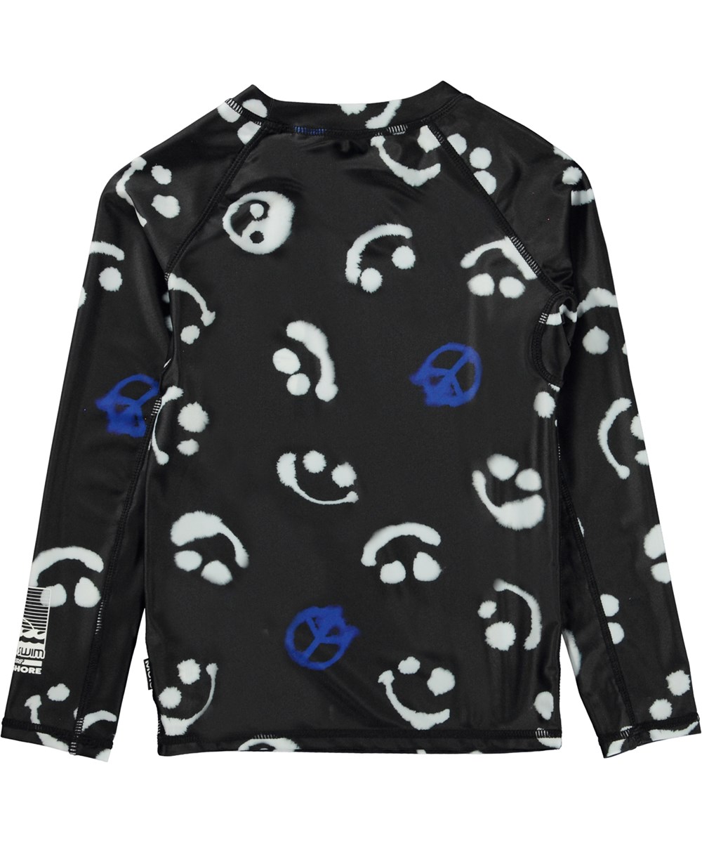 Neptune LS - Blue Signs - Schwarzes Langarm-Badeshirt mit blauem Aufdruck aus Emojis, Peace-Zeichen sowie Yin- und Yang-Symbolen