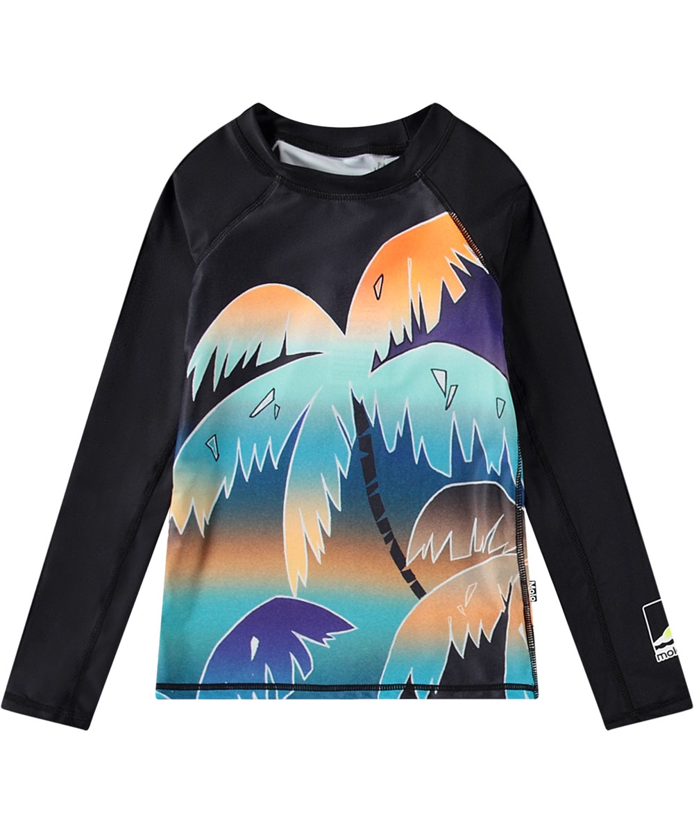Neptune LS - Faded Palmtrees - Schwarzer Rashguard für aktive Kinder aus recyceltem Polyester mit UV-Schutz 50+.