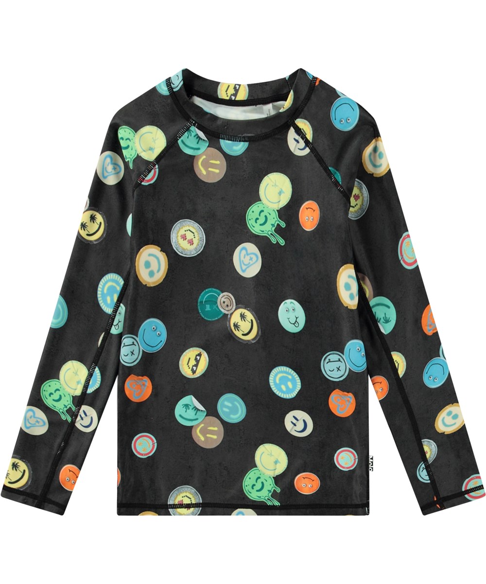 Neptune LS - Smile All Over - Schwarzer Rashguard für aktive Kinder aus recyceltem Polyester mit UV-Schutz 50+.