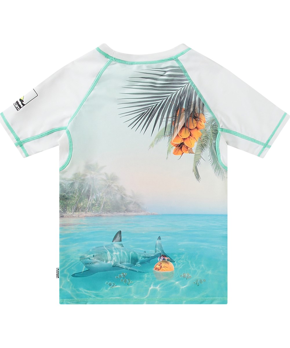 Neptune - Leo On Surf - Weißes kurzärmeliges Rashguard für aktive Kinder aus recyceltem Polyester mit UV-Schutz 50+.