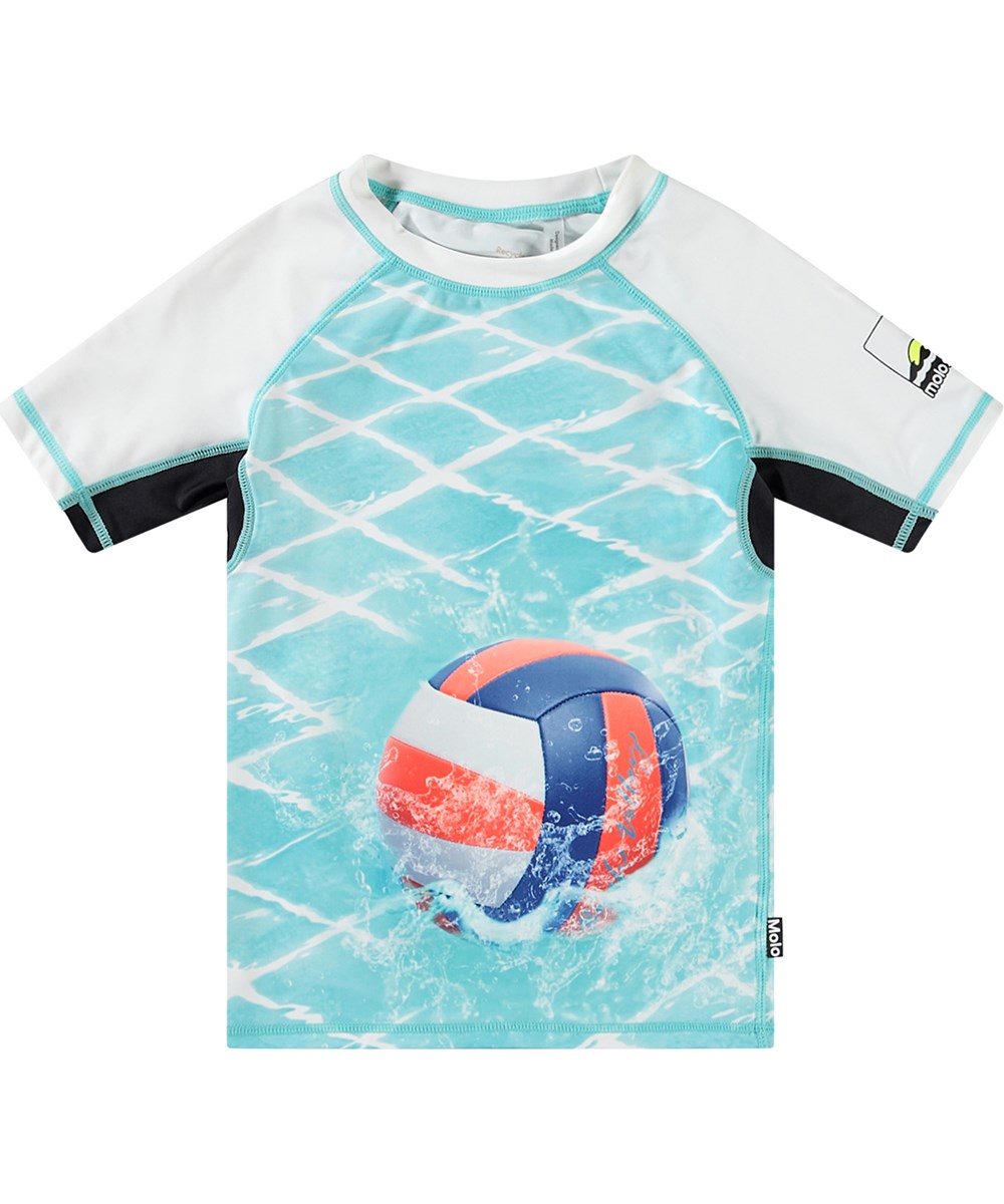 Neptune - Volleyball In Pool - Weißes kurzärmeliges Rashguard für aktive Kinder aus recyceltem Polyester mit UV-Schutz 50+.