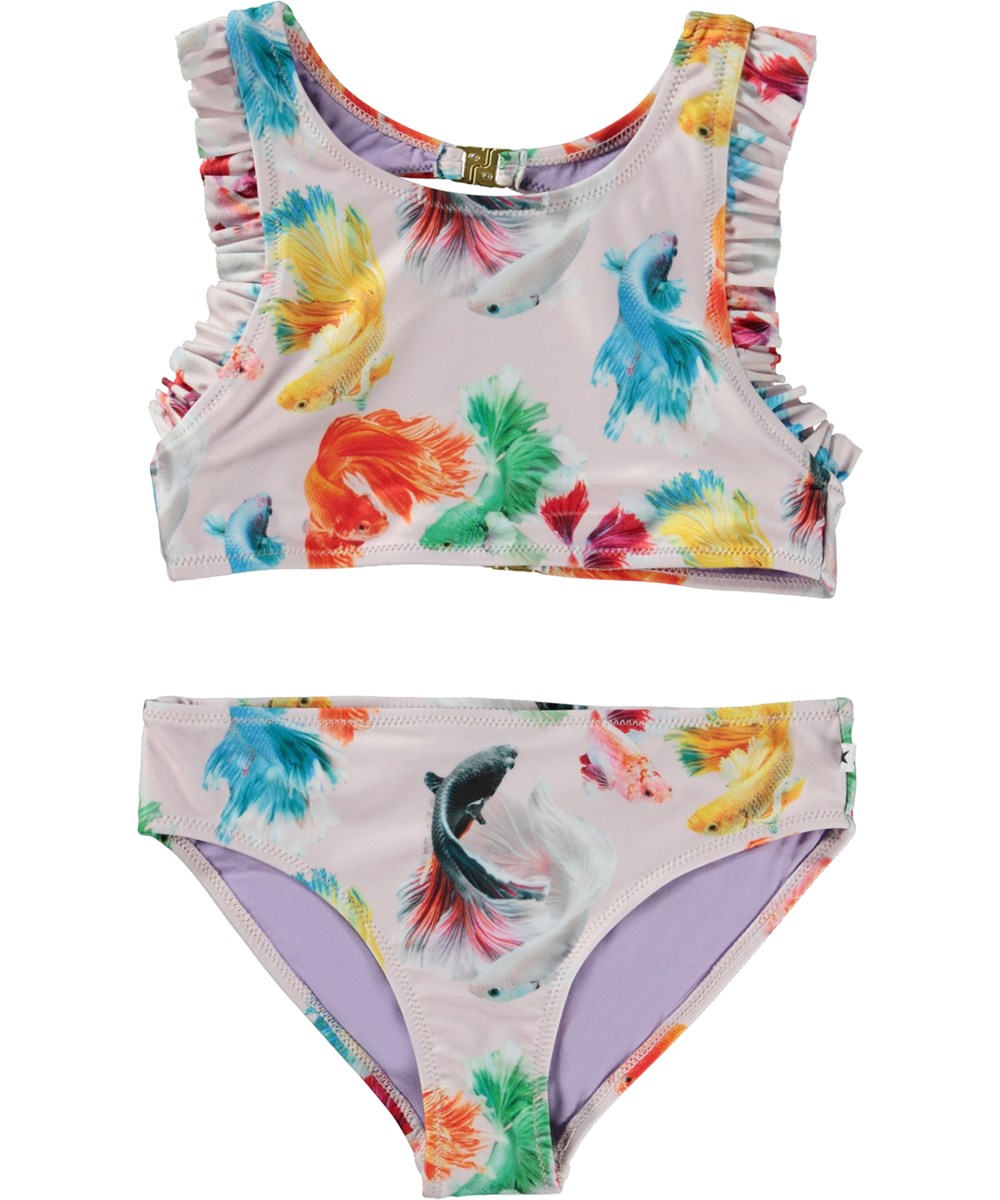 Nia - Betta Flowers - Rosafarbener Bikini mit Rüschen und Fischdruck