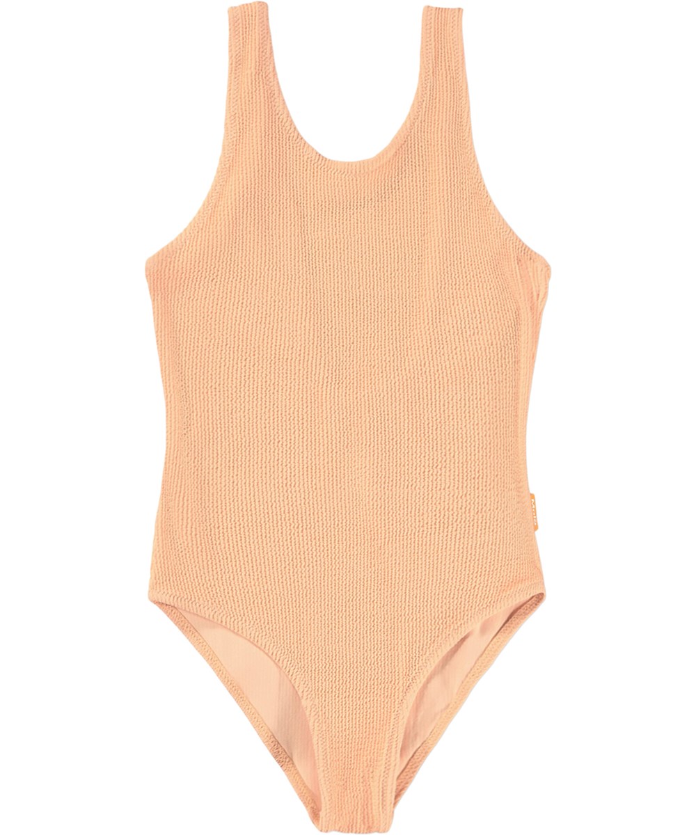 Nika Crepe - Peach Fuzz - Oranger dehnbarer Krepp-Badeanzug für Kinder mit UV-Schutz 50+.