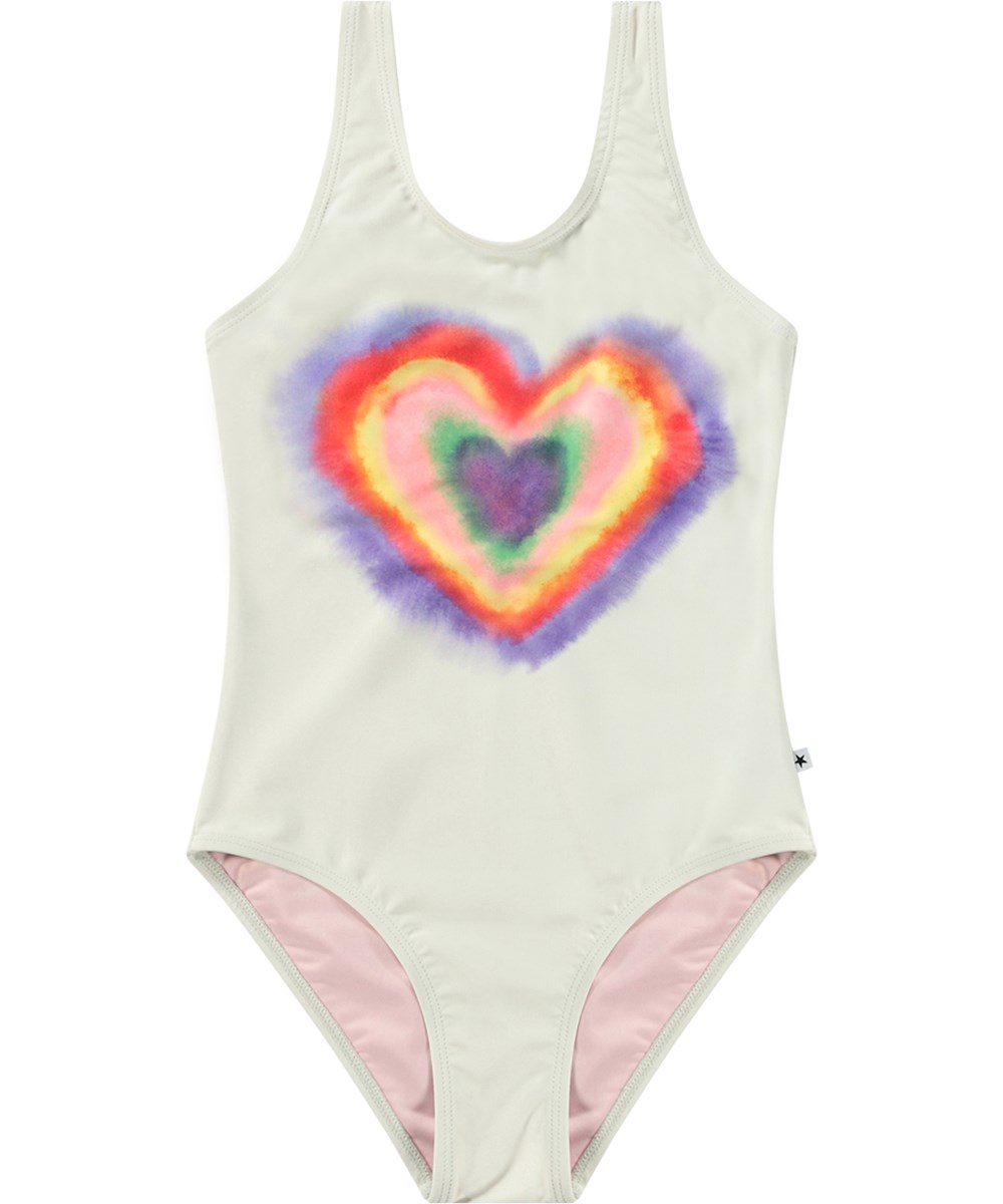 Nika - Rainbow Heart - Weißer Badeanzug für aktive Kinder aus recyceltem Polyester mit UV-Schutz 50+.