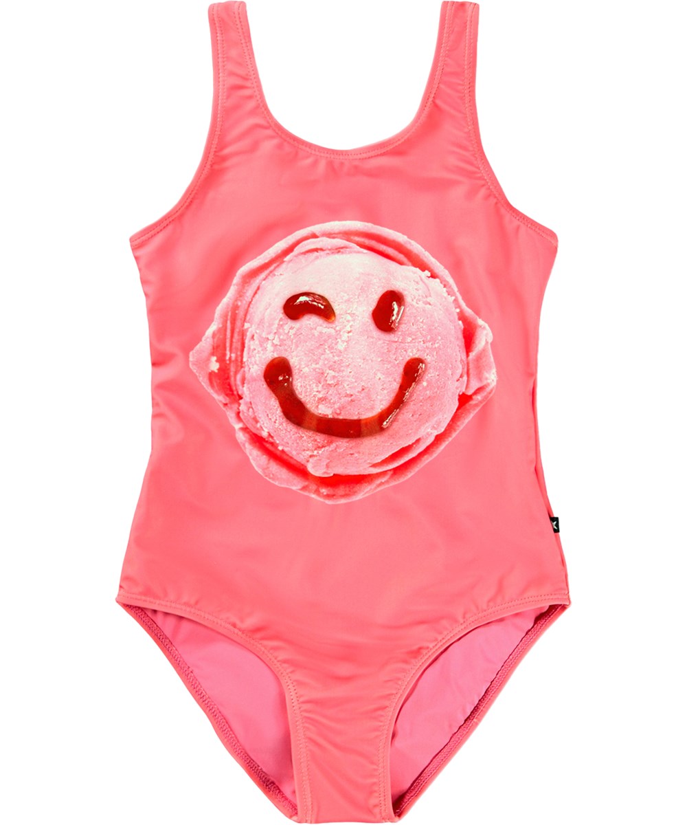 Nika - Scoop Raspberry - Rosa Badeanzug mit Eisprint für Kinder aus recyceltem Polyester mit UV-Schutz 50+.