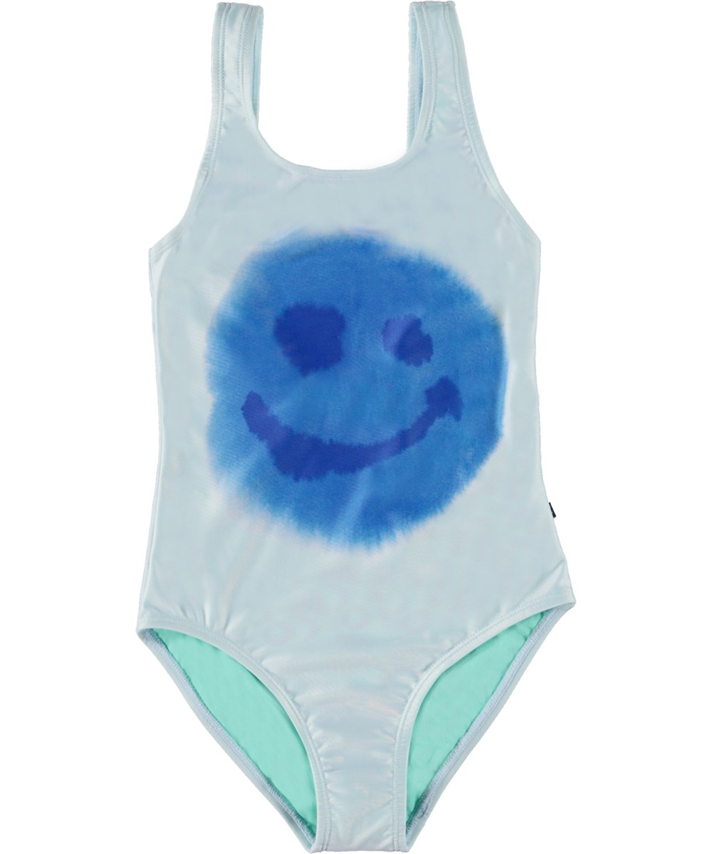 Nika - Sky Smile - Hellblauer Badeanzug mit blauem Emoji-Aufdruck