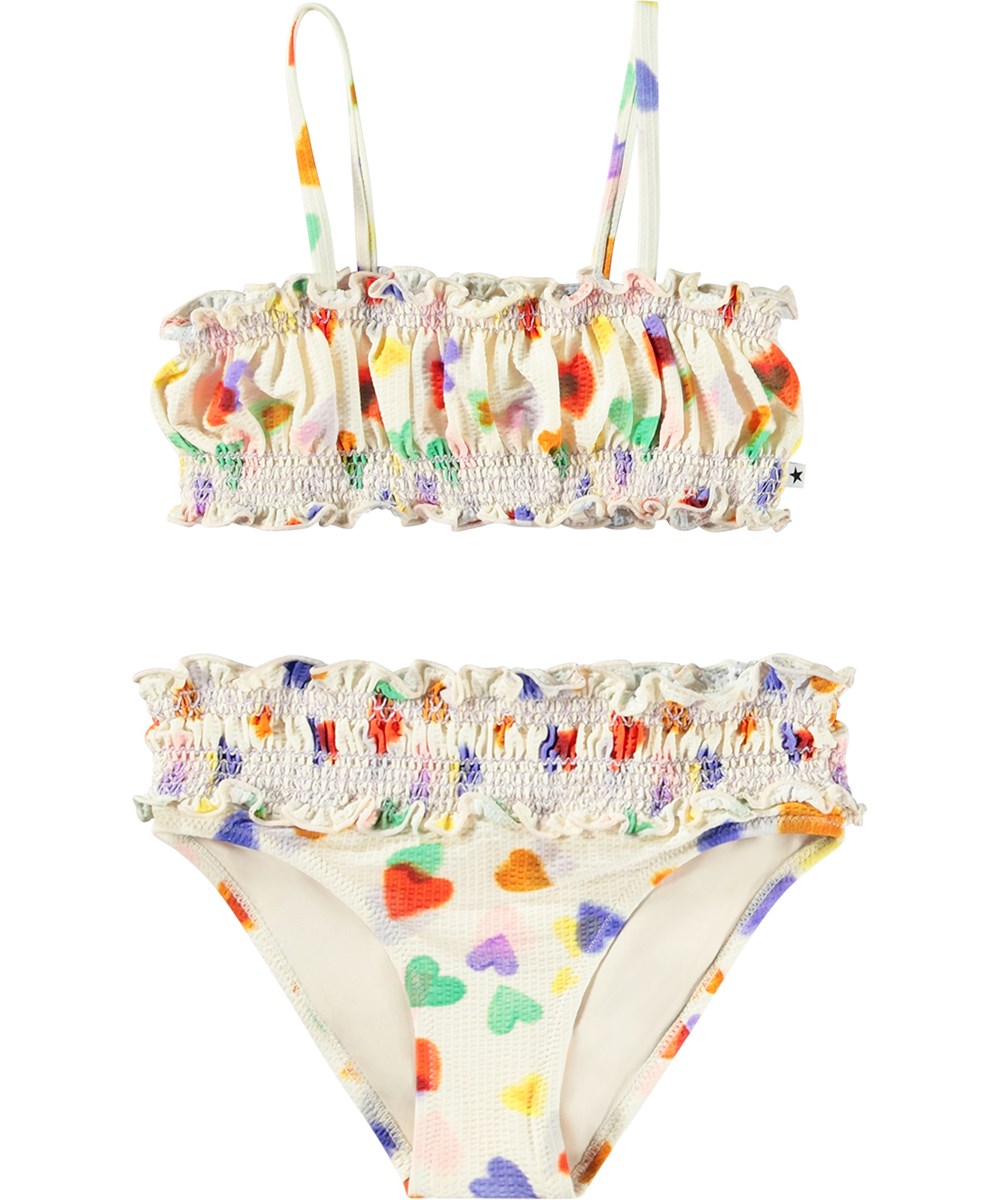 Nita - Rainbow Hearts - Dehnbarer Bikini in Weiß mit bunten Herzen für aktive Kinder mit UV-Schutz 50+