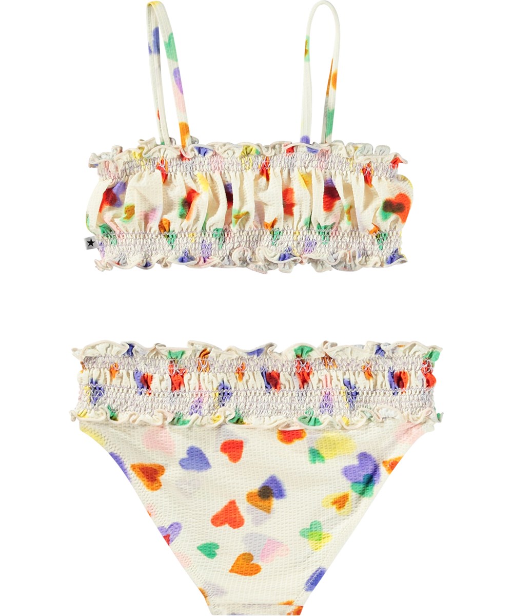 Nita - Rainbow Hearts - Dehnbarer Bikini in Weiß mit bunten Herzen für aktive Kinder mit UV-Schutz 50+