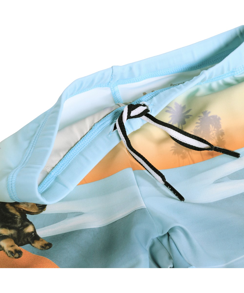 Norton Placed - Skate Fun - Blaue und orangefarbene, sportliche Badeshorts mit Skate-Print für Kinder aus recyceltem Polyester mit UV-Schutz 50+.