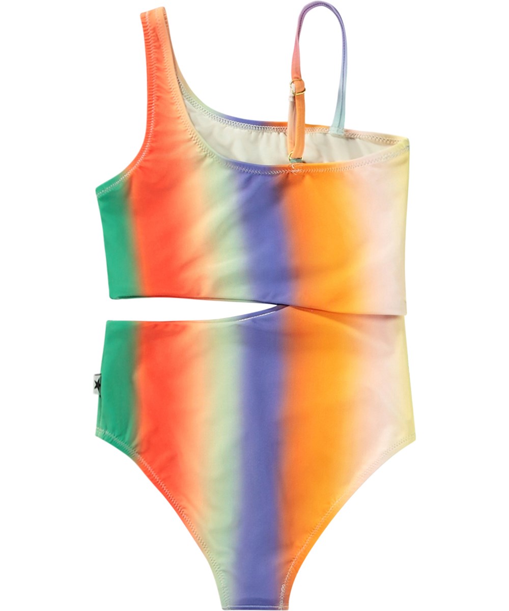Naan - Summer Rainbow - Regnbuefarvet badedragt til aktive børn i genanvendt polyester med UV-beskyttelse 50+.