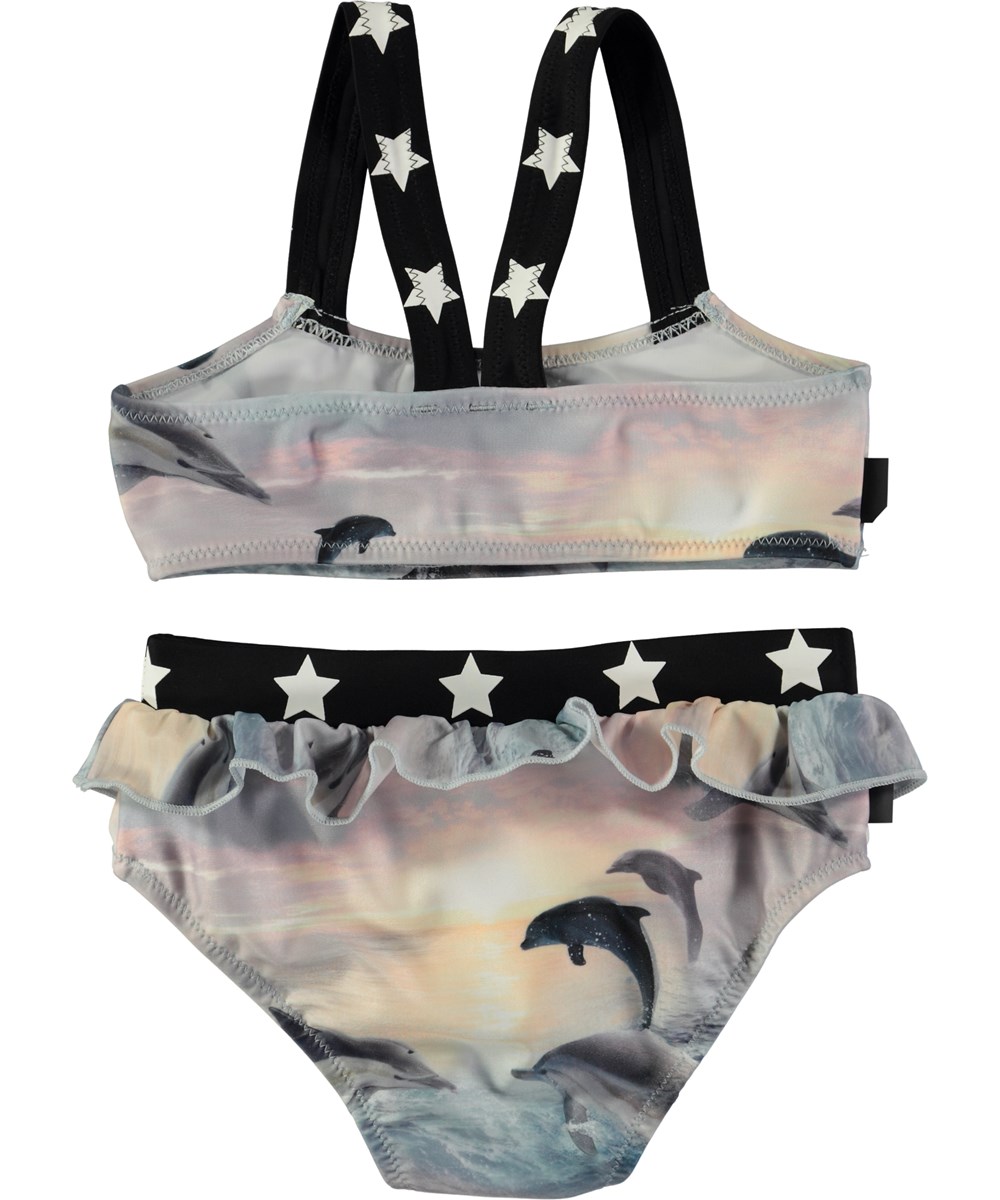 Naila - Dolphins Sunset - Bikini med flæser og digitalprintede delfiner