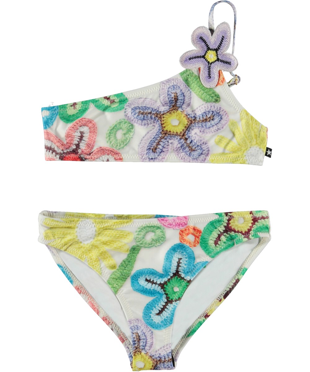 Naja - Flower Power - Asymmetrisk bikini med print af hæklede blomster og peacetegn
