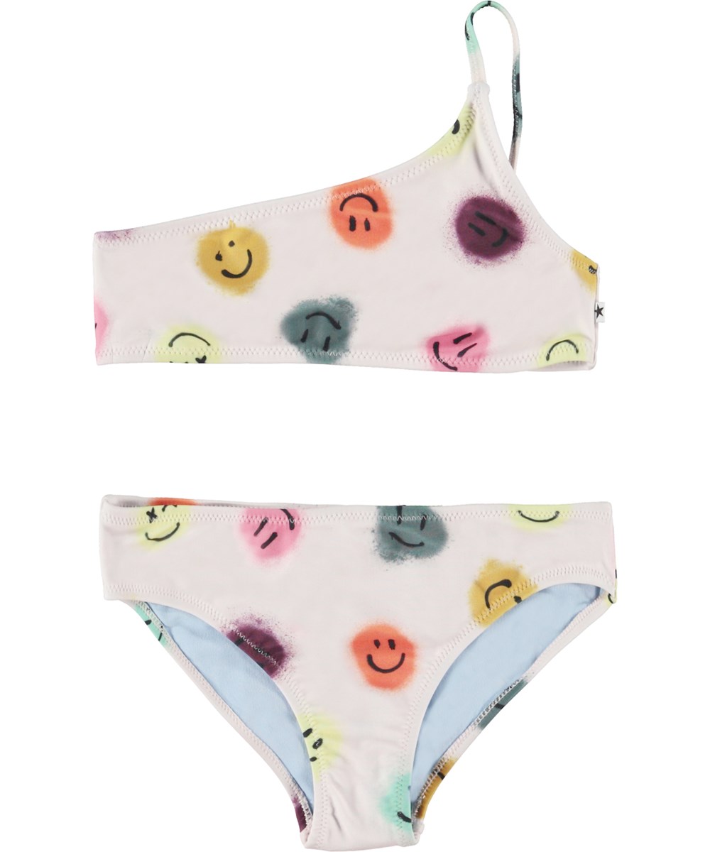 Naja - Happy Dots - Asymetrisk recycled rosa bikini med ansigter