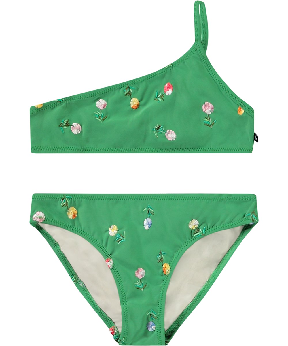 Naja - Mini Bloom - Grøn asymmetrisk bikini til børn i genanvendt polyester med UV-beskyttelse 50+.