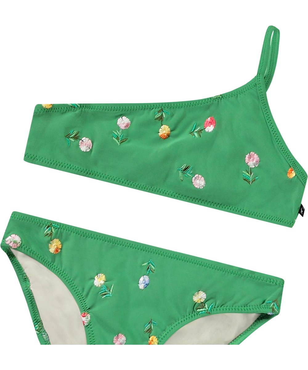 Naja - Mini Bloom - Grøn asymmetrisk bikini til børn i genanvendt polyester med UV-beskyttelse 50+.