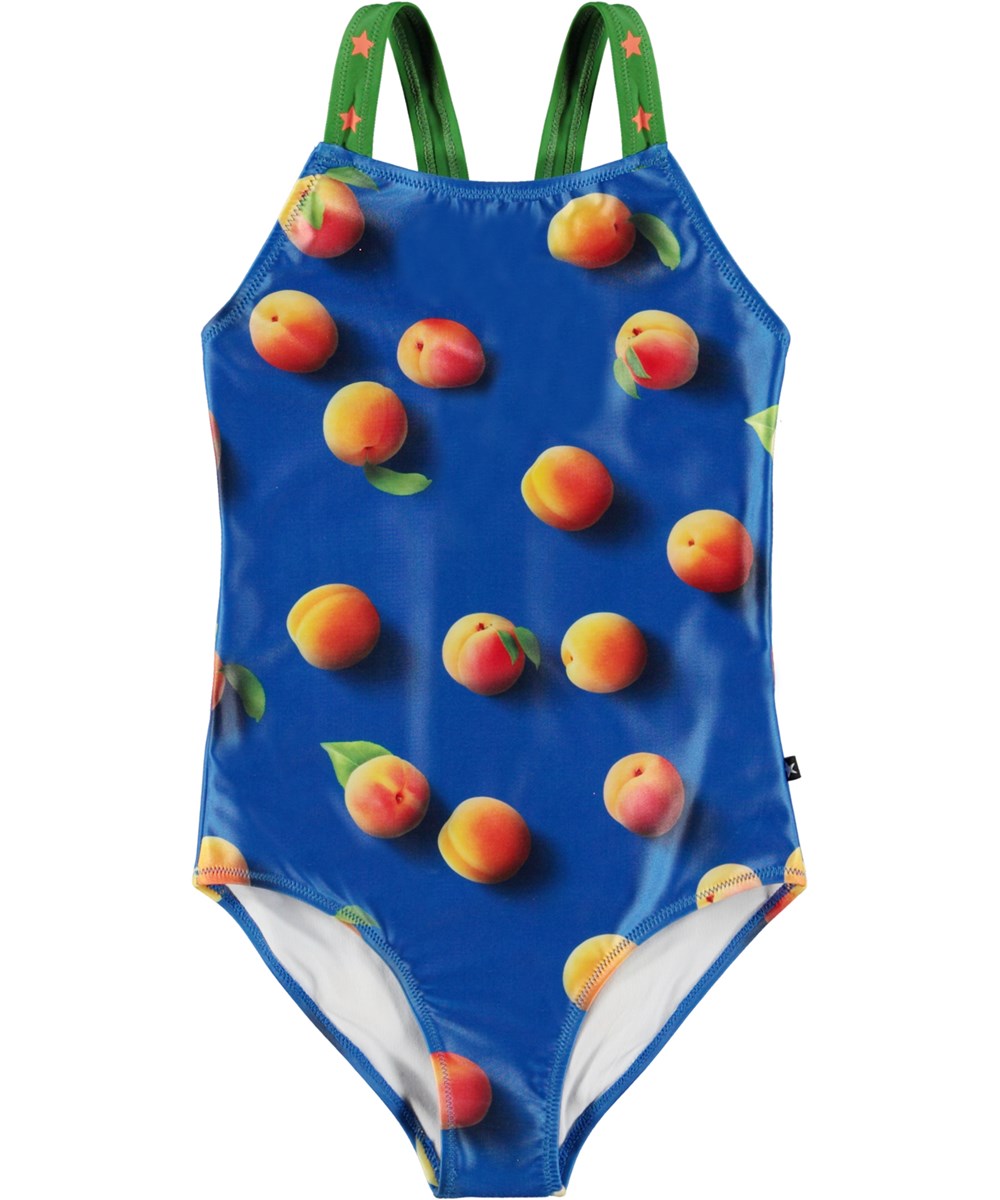 Nakia - Apricot - Mørkeblå badedragt med allover orange abrikos print