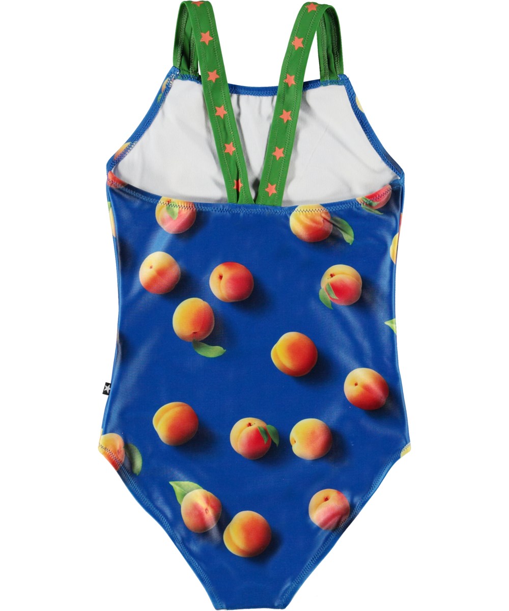 Nakia - Apricot - Mørkeblå badedragt med allover orange abrikos print