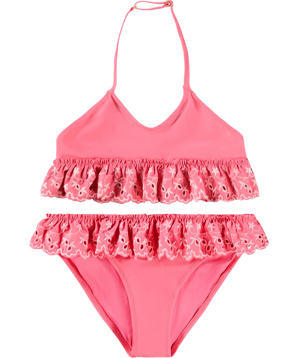 Nanda - Raspberry Ice - Pink bikini med flæser til børn i genanvendt polyester med UV-beskyttelse 50+.
