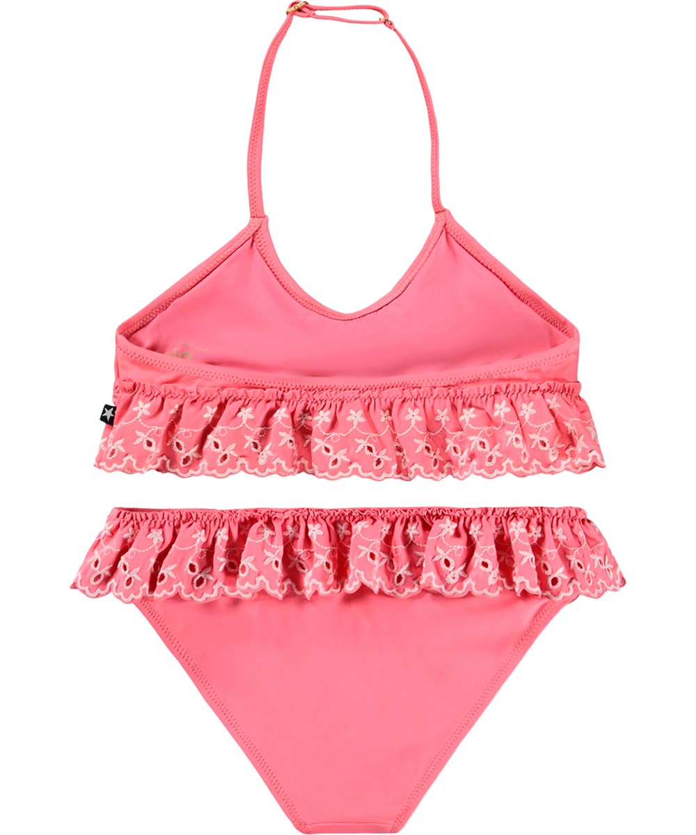 Nanda - Raspberry Ice - Pink bikini med flæser til børn i genanvendt polyester med UV-beskyttelse 50+.
