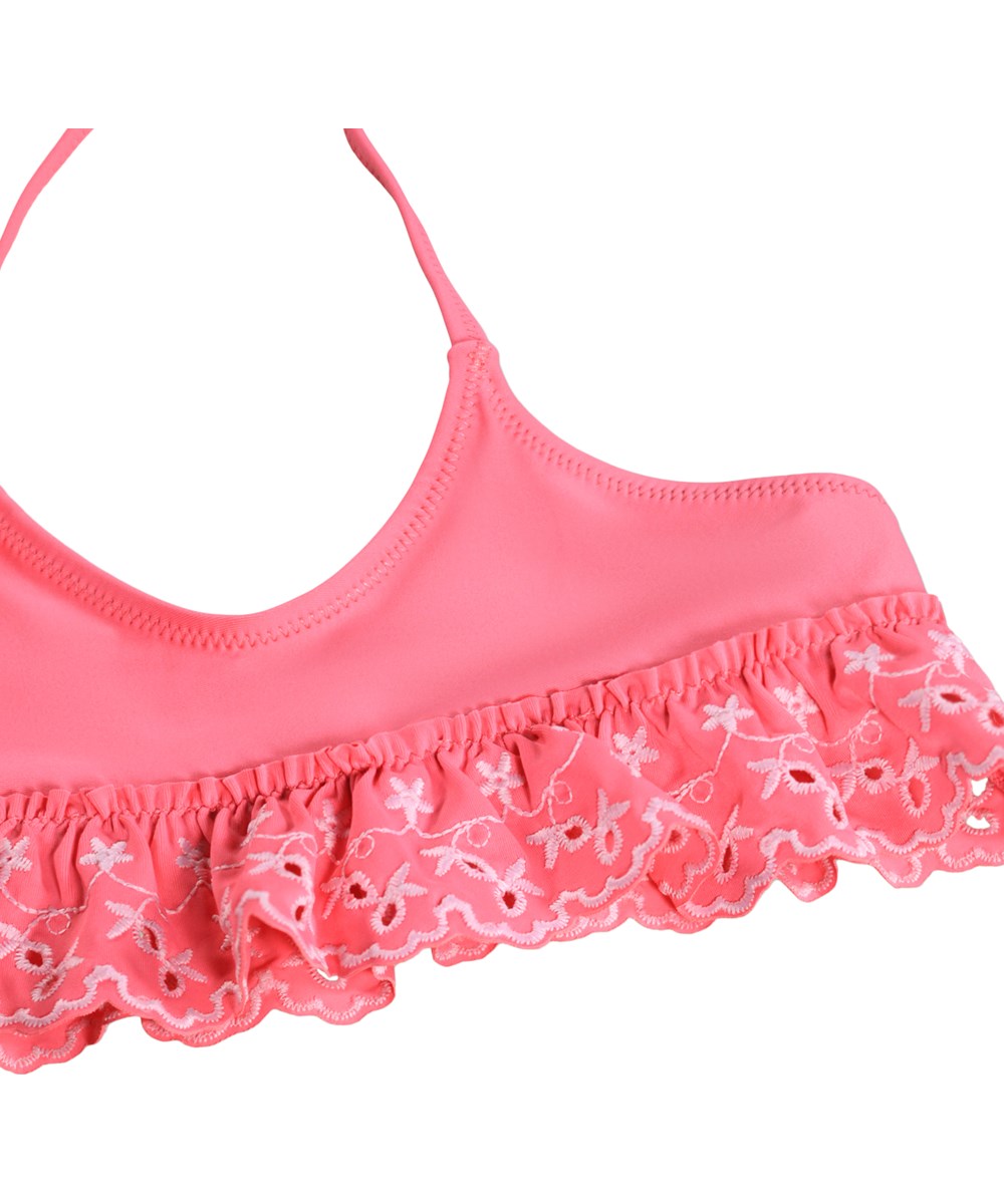 Nanda - Raspberry Ice - Pink bikini med flæser til børn i genanvendt polyester med UV-beskyttelse 50+.