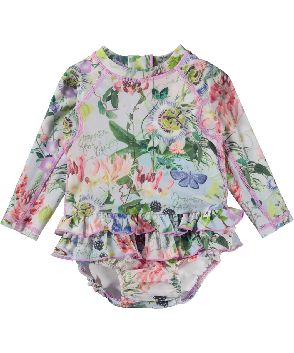 Narice - Passion For Life - Lyseblå badedragt med blomster print og flæsekant