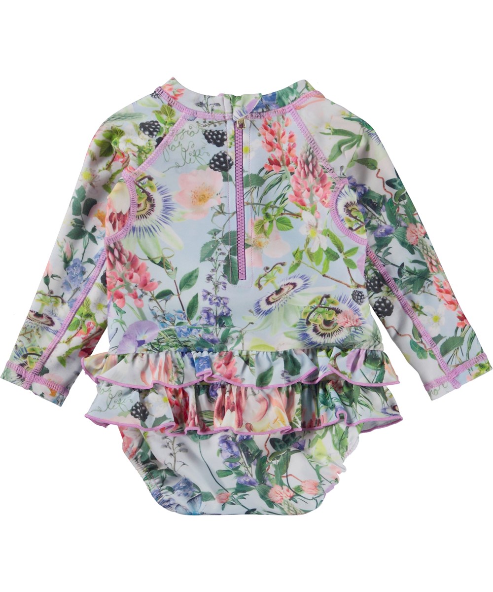 Narice - Passion For Life - Lyseblå badedragt med blomster print og flæsekant