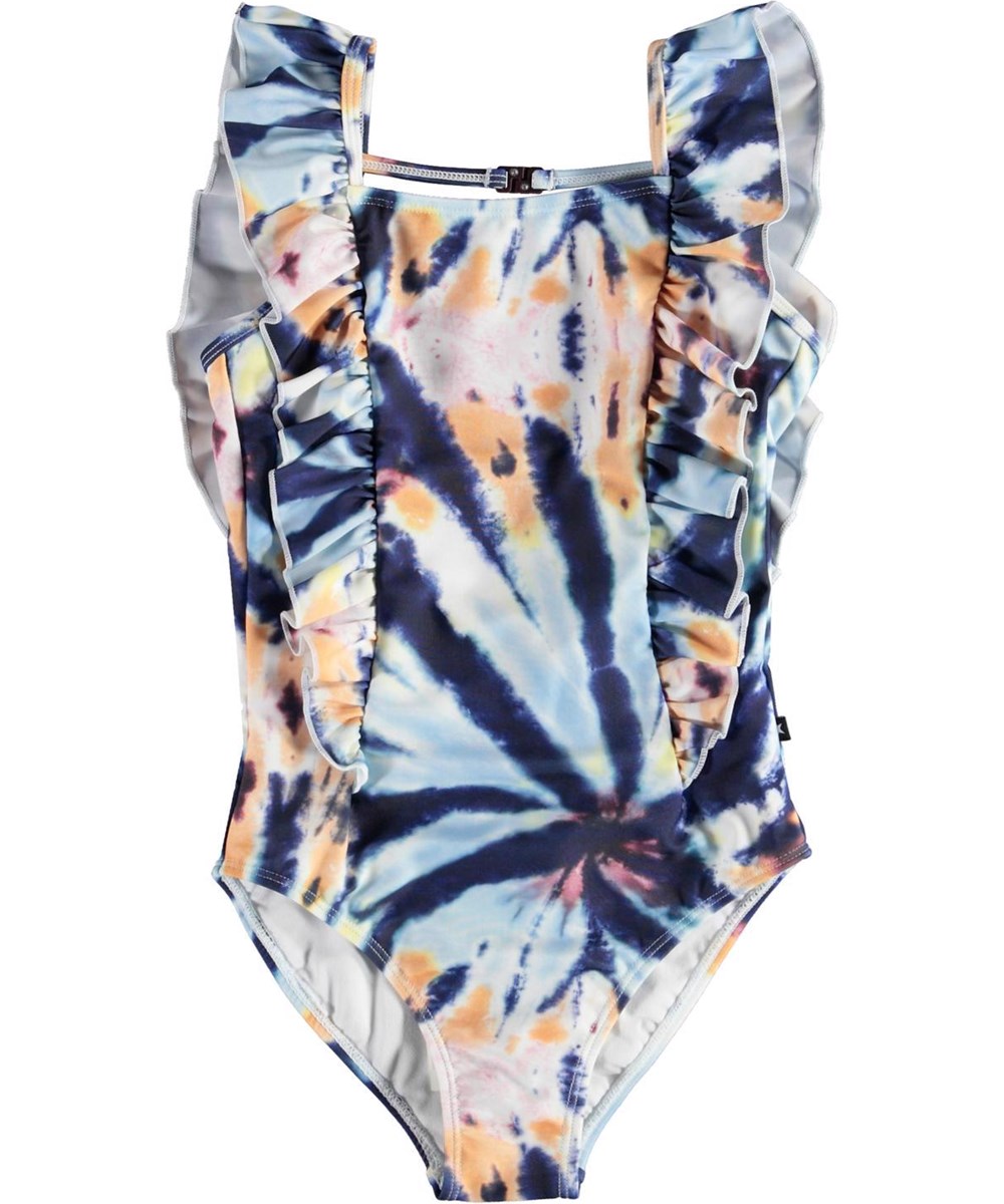 Nathalie - Summer Tie Dye - UV badedragt i batikmønster med flæser