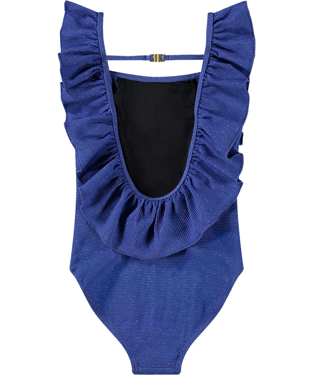 Nathalie - Twilight Glit - Blå badedragt med guldglimmer snor til aktive børn og UV-beskyttelse 50+.