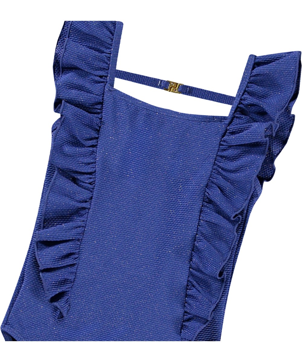 Nathalie - Twilight Glit - Blå badedragt med guldglimmer snor til aktive børn og UV-beskyttelse 50+.