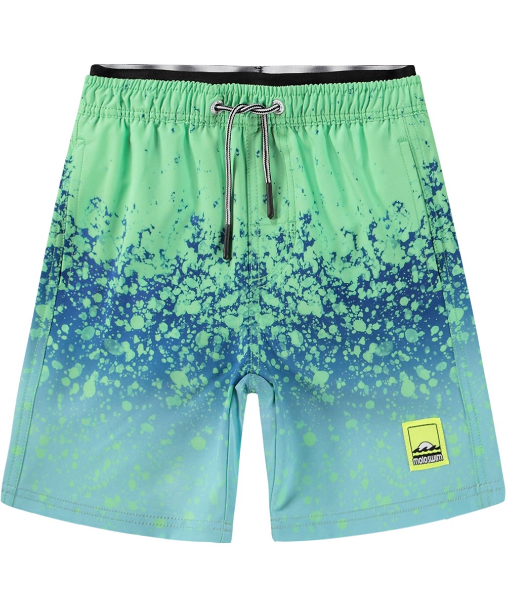 Neal - Splash - Knælange blå og grønne badeshorts til aktive børn i genanvendt polyester med UV-beskyttelse 50+.