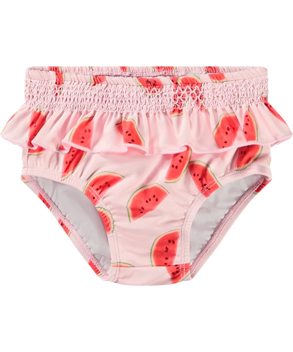 Neena - Melon Pink - Lyserøde baby badebukser med print i genanvendt polyester med UV-beskyttelse 50+.