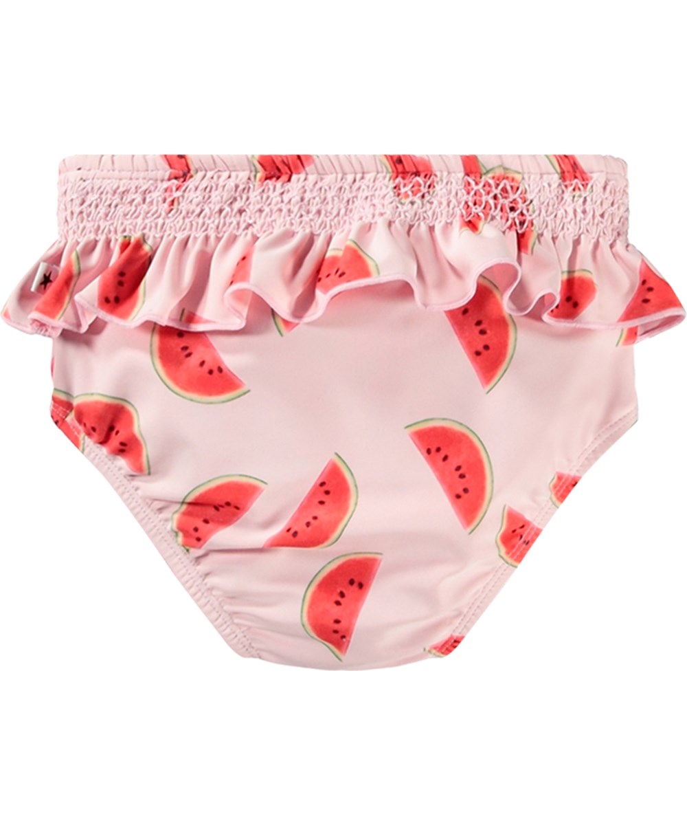 Neena - Melon Pink - Lyserøde baby badebukser med print i genanvendt polyester med UV-beskyttelse 50+.