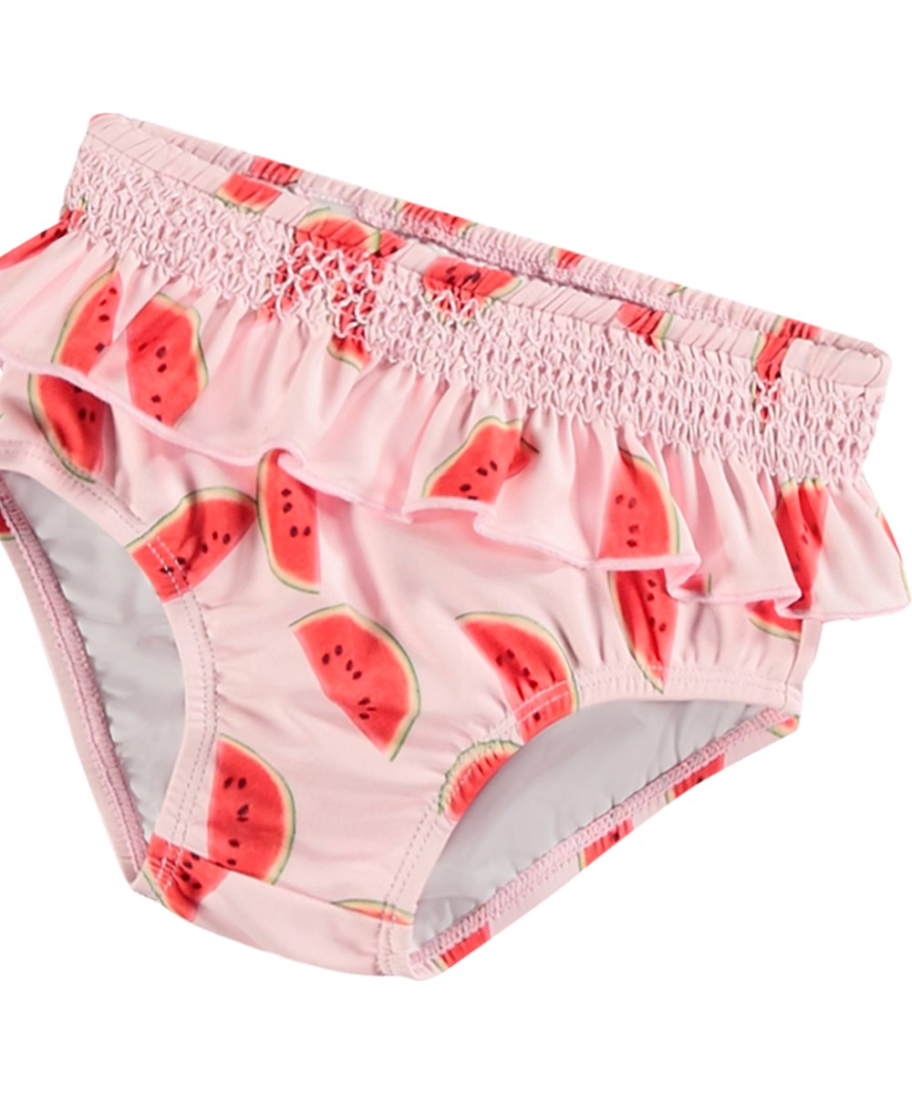 Neena - Melon Pink - Lyserøde baby badebukser med print i genanvendt polyester med UV-beskyttelse 50+.