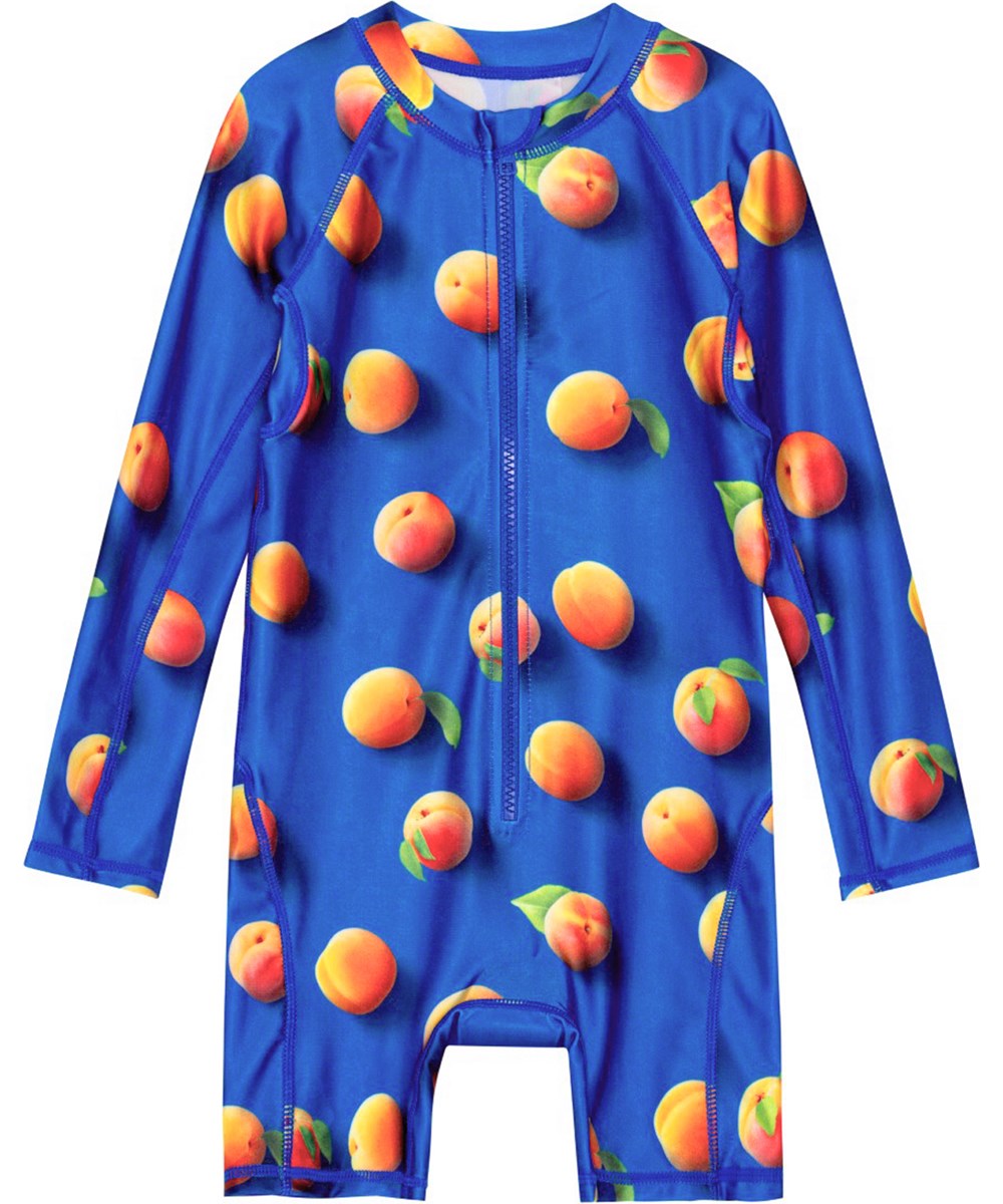 Neka LS - Apricot - Blå baby svømmedragt med lange ærmer og orange placement abrikos print