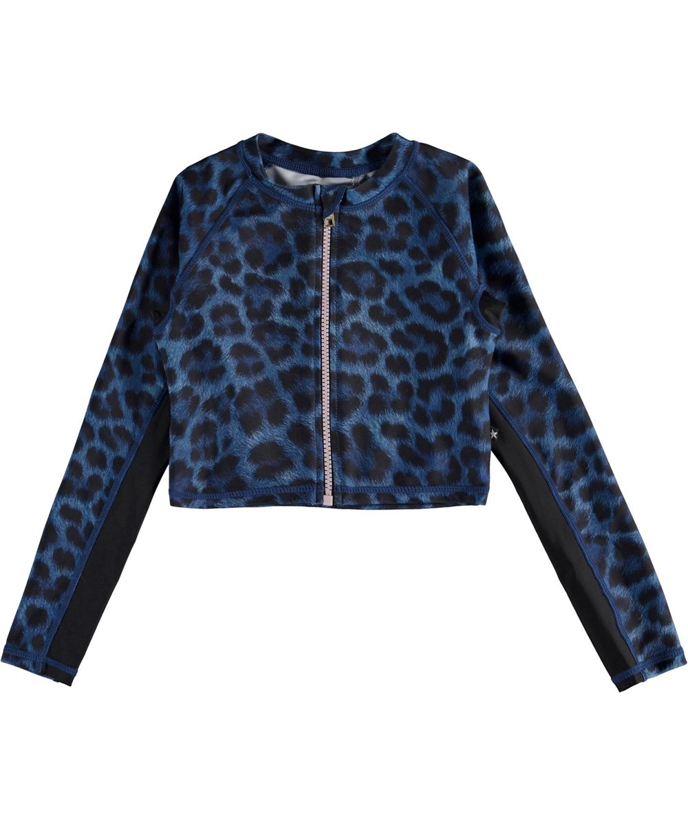 Nellie - Blue Jaguar - UV svømmebluse med lynlås og blåt jaguarprint 