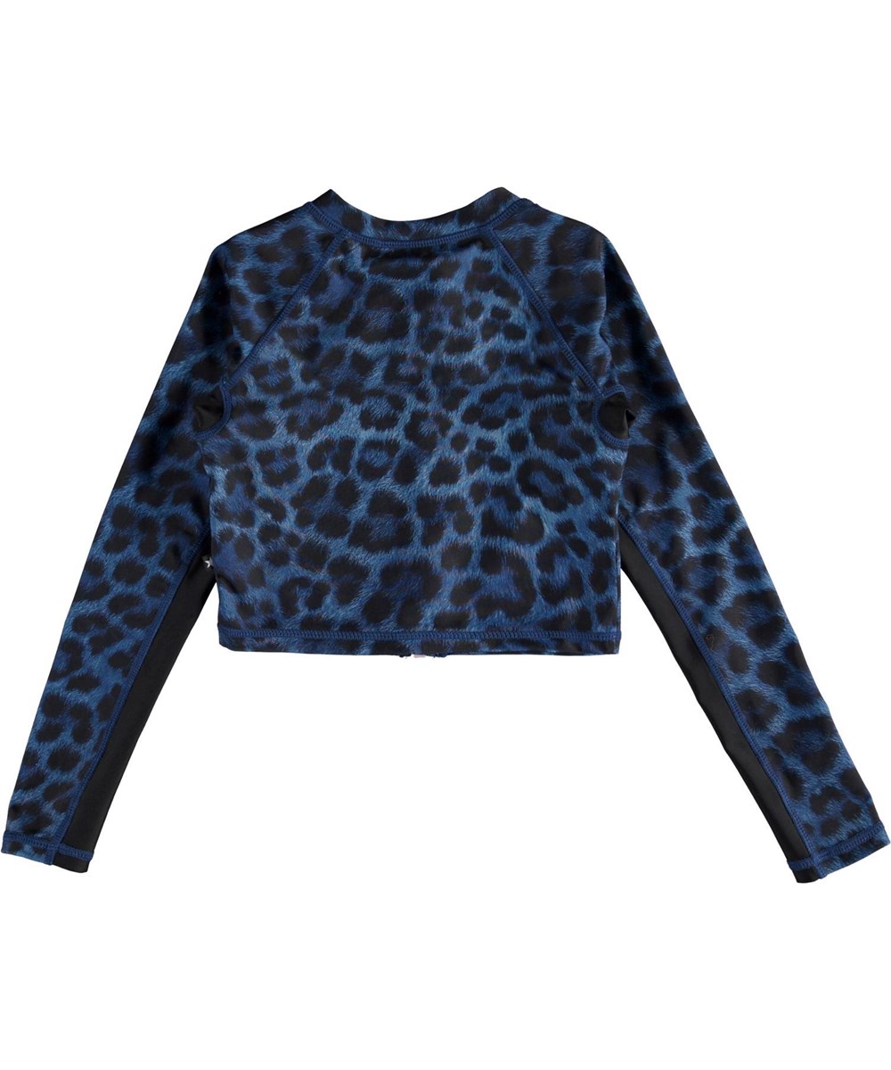 Nellie - Blue Jaguar - UV svømmebluse med lynlås og blåt jaguarprint 