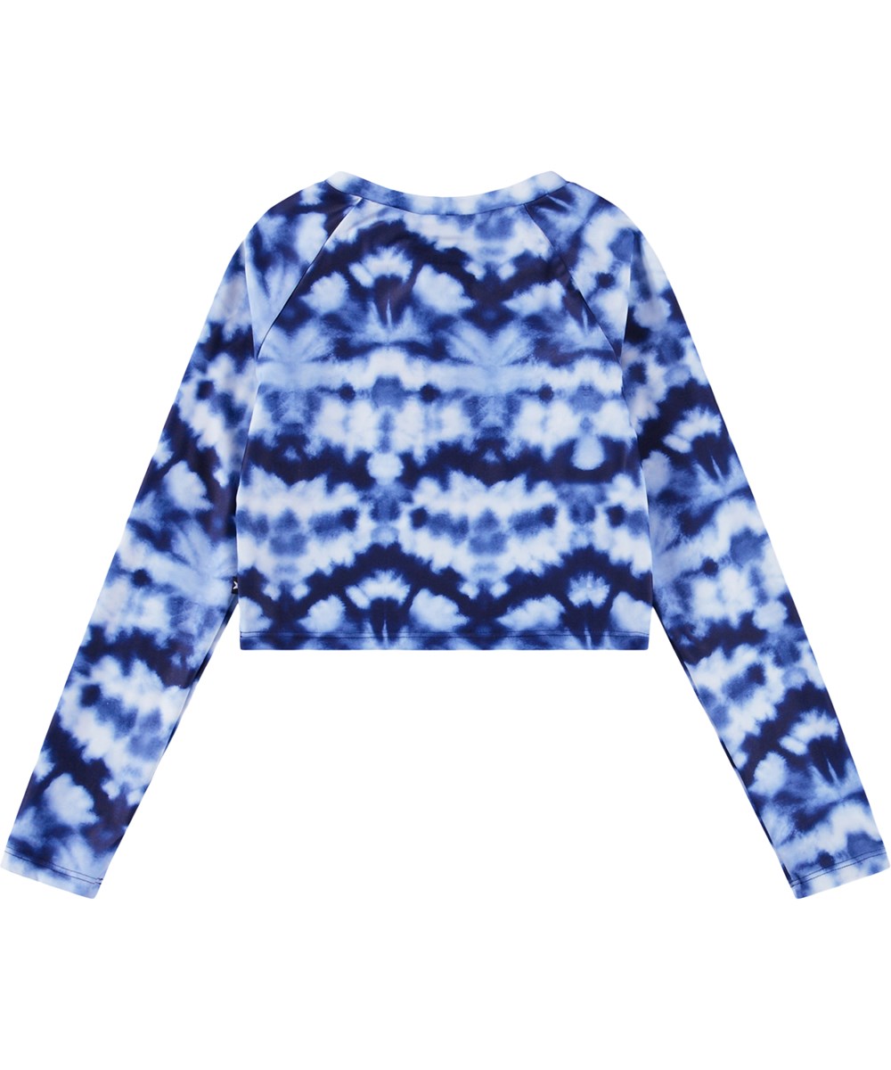 Nellie - Water - Blå, langærmet svømmebluse med tie-dye til børn fremstillet i genanvendt polyester med UV-beskyttelse 50+.