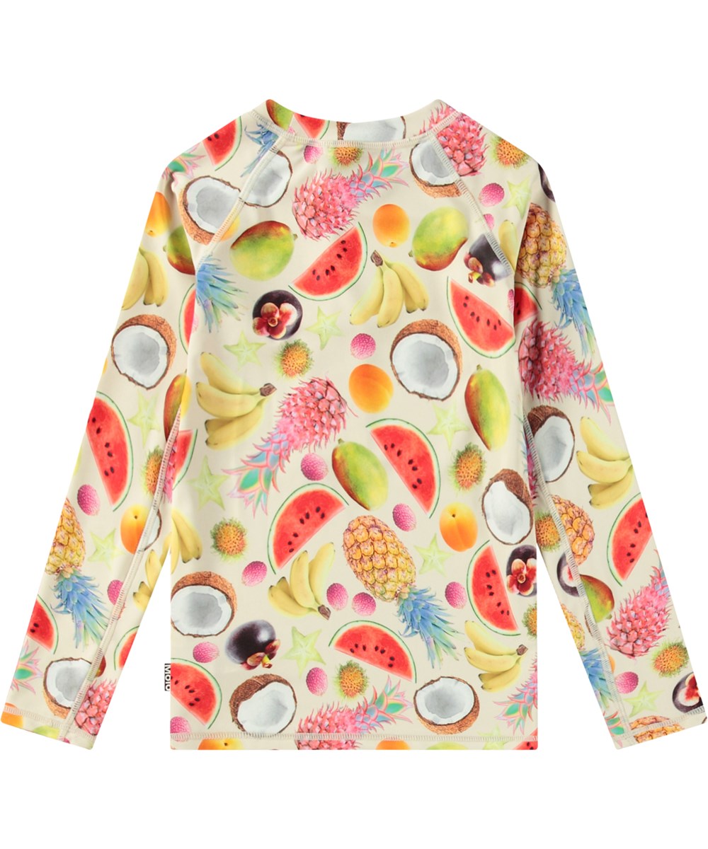 Neptune LS - Magical Fruits - Hvid badebluse til aktive børn fremstillet i genanvendt polyester med UV-beskyttelse 50+.