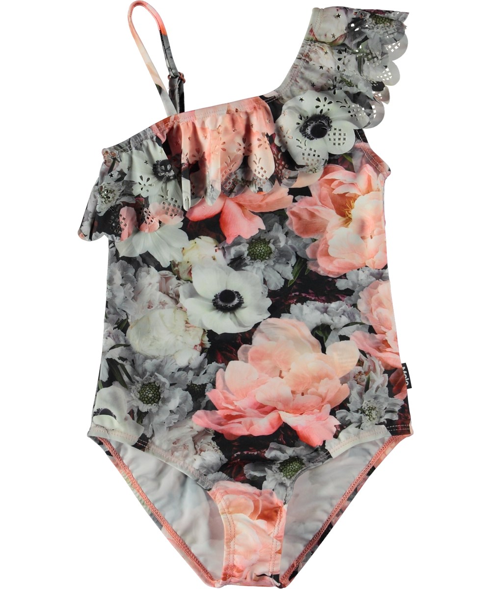 Net - Blossom - Asymetrisk blomstret badedragt med skrå flæsekant. 