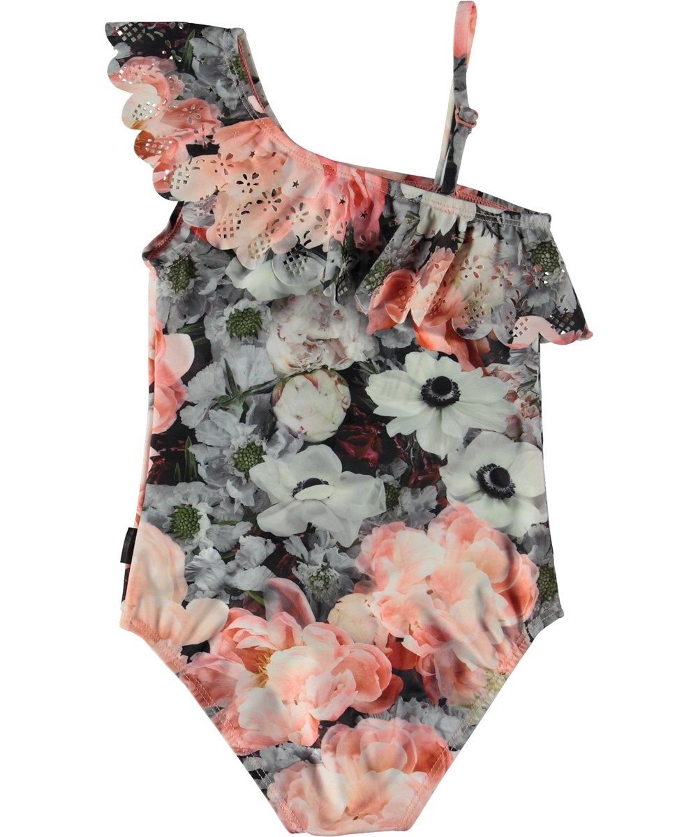 Net - Blossom - Asymetrisk blomstret badedragt med skrå flæsekant. 