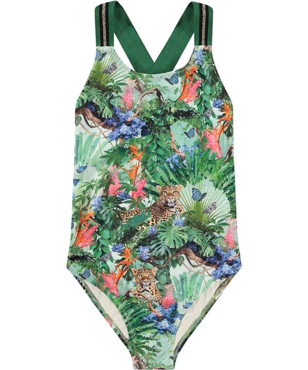 Neve - Green Tropical - Grøn badedragt til aktive børn i genanvendt polyester og UV-beskyttelse 50+.