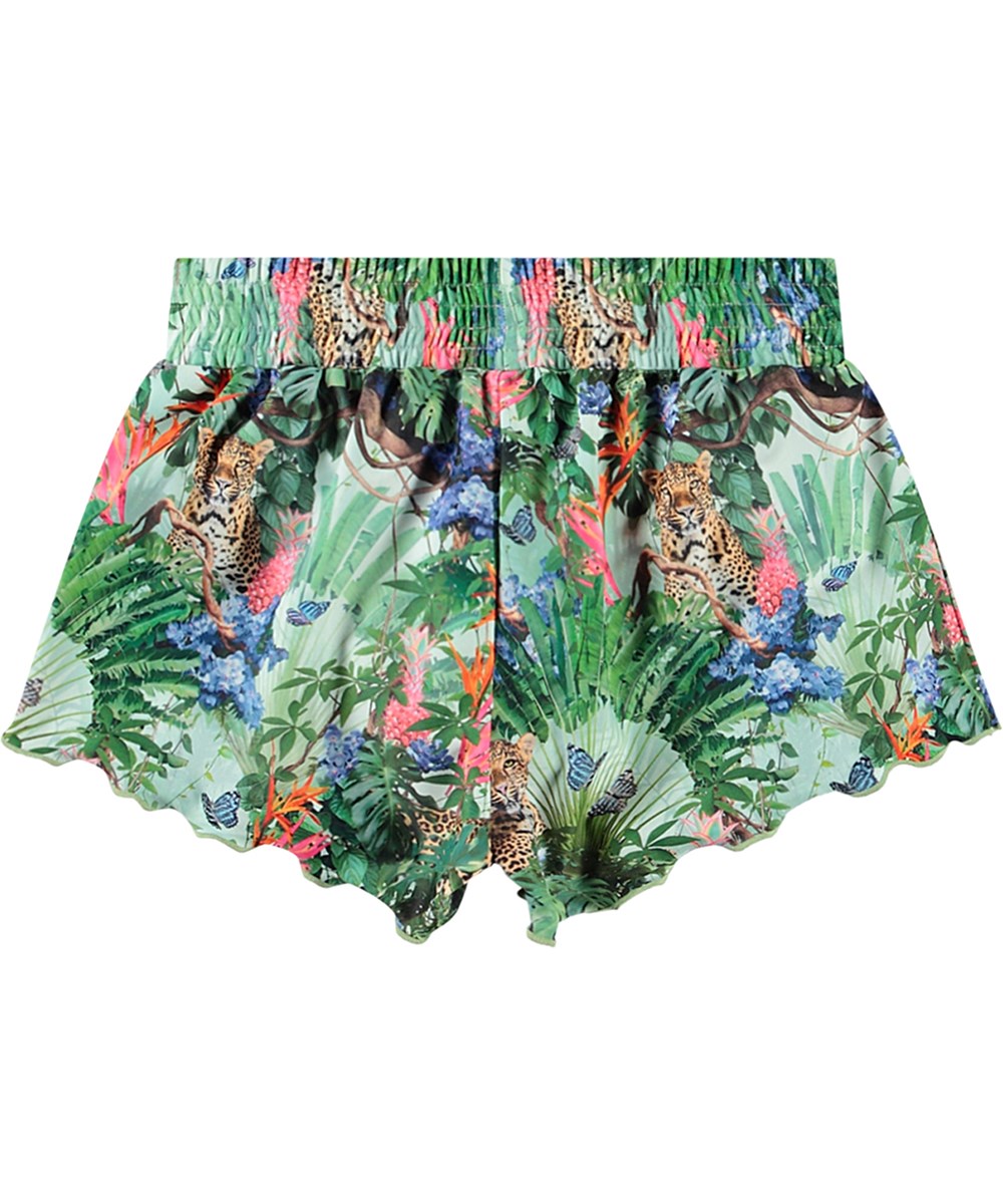 Nicci - Green Tropical - Grønne badeshorts til aktive børn i genanvendt polyester med UV-beskyttelse 50+.