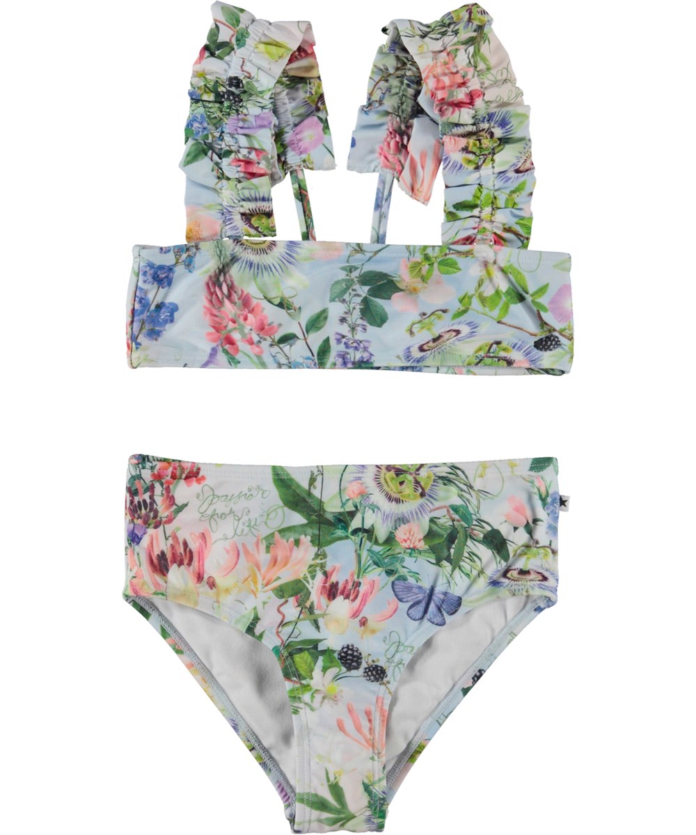 Nice - Passion For Life - Lyseblå bikini med blomster print og flæse stropper